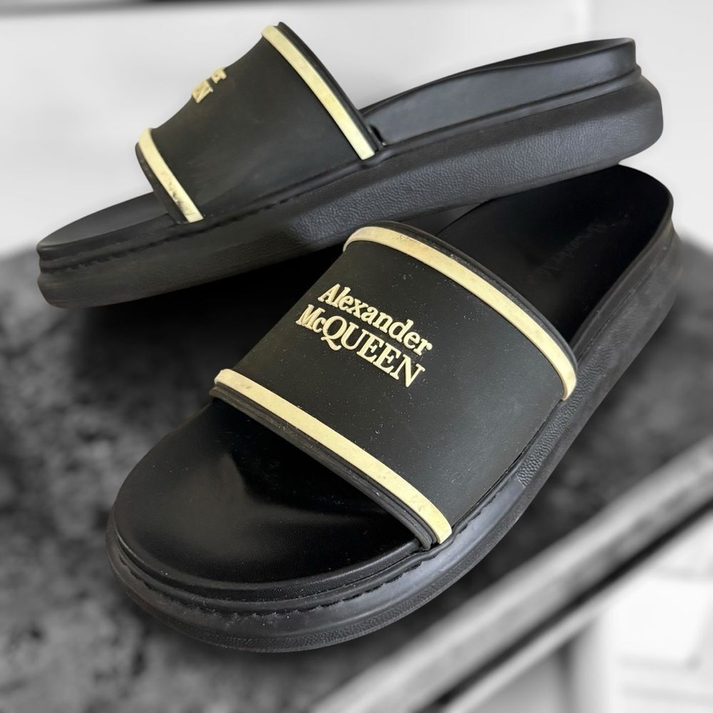 Alexander McQueen Black and Gold Slide Sandals